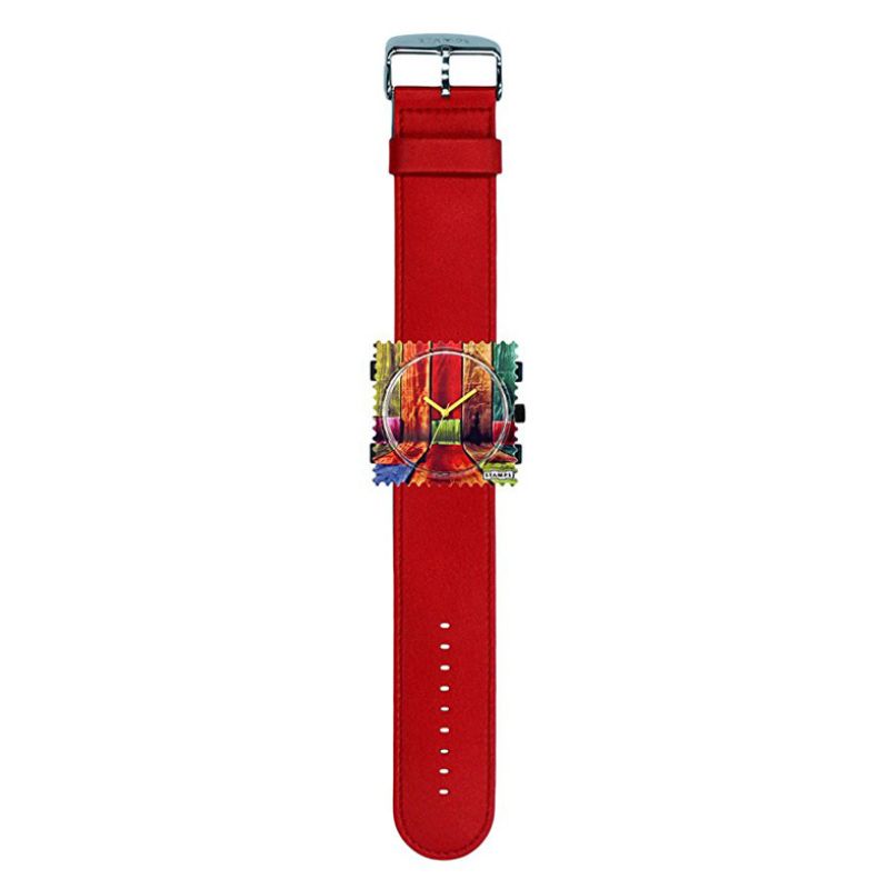 STAMPS komplette Uhr farbiges Holz auf Lederarmband rot