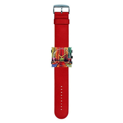 STAMPS komplette Uhr farbiges Holz auf Lederarmband rot