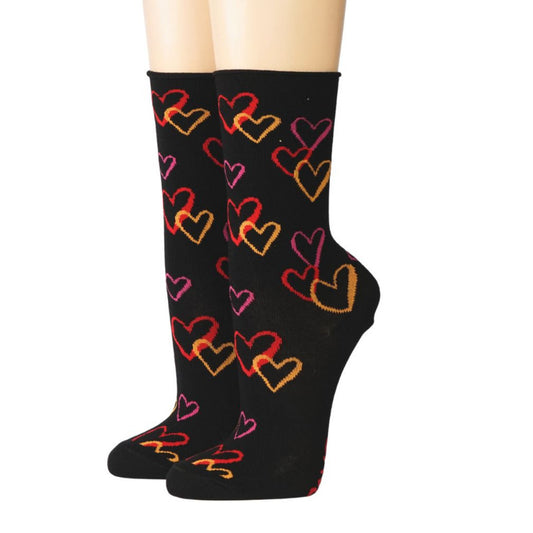 Socken mit Rollrand, Herzen auf schwarz