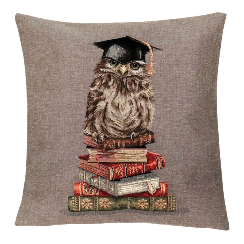 Kissen Gobelin Eule auf Bücherstapel