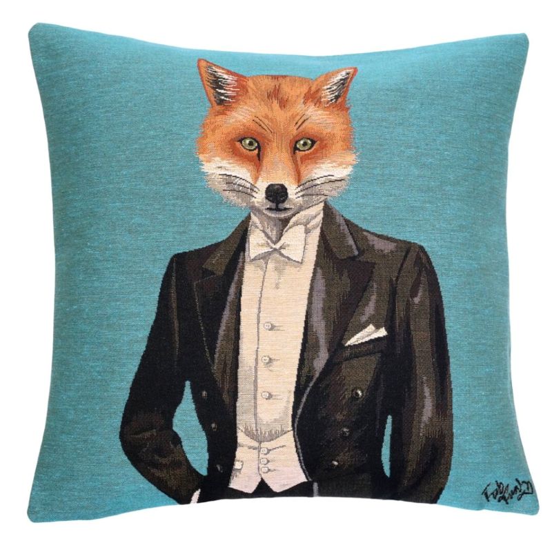 Fuchs in Abendgarderobe auf türkis, Kissen