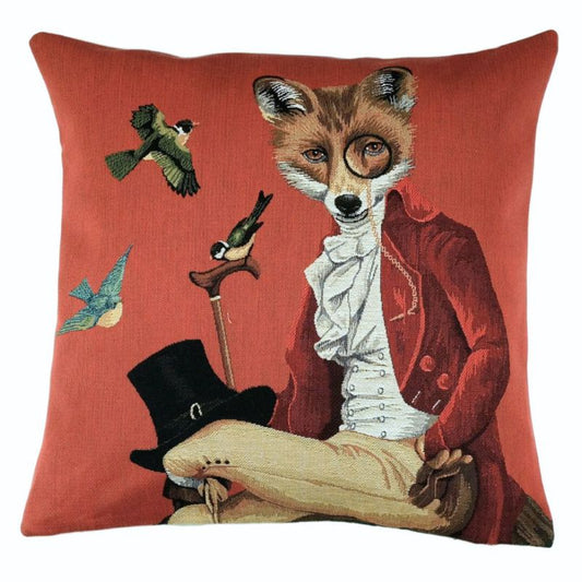Fuchs Kissenhülle rot, Gobelin Tiermotiv, Zierkissen Fuchs elegant, Kissenbezug 45x45 warmes Rot, Fuchs mit Kneifer Kissen