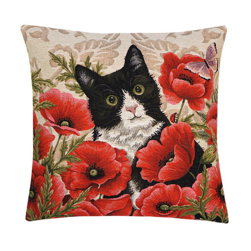 Gobelin Kissenhülle Katze im Mohnfeld – 45×45 cm