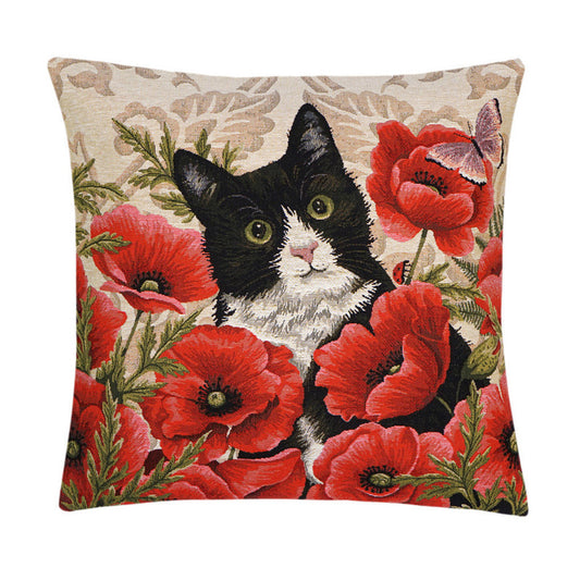 Gobelin Kissenhülle Katze im Mohnfeld – 45×45 cm