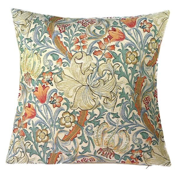 Golden Lily Kissenhülle hell – Gobelin Design im Arts-and-Crafts-Stil