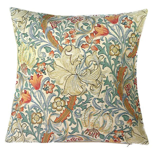 Golden Lily Kissenhülle hell – Gobelin Design im Arts-and-Crafts-Stil