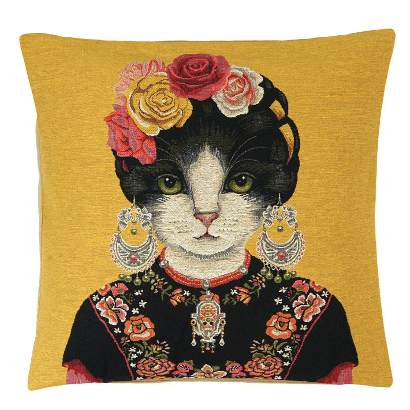 Gobelin Kissenhülle Katze folkloristisch – Gelb, 45×45 cm