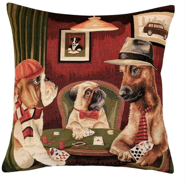 Gobelin Kissenhülle Hunde spielen Karten – 45x45