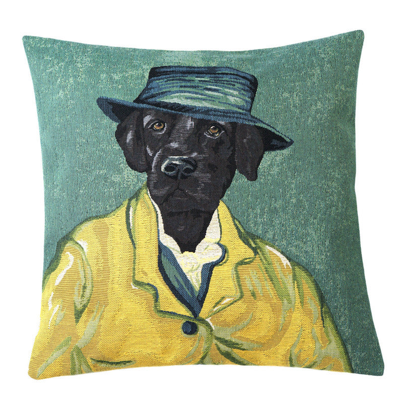 Gobelin Kissen Hund in gelber Jacke