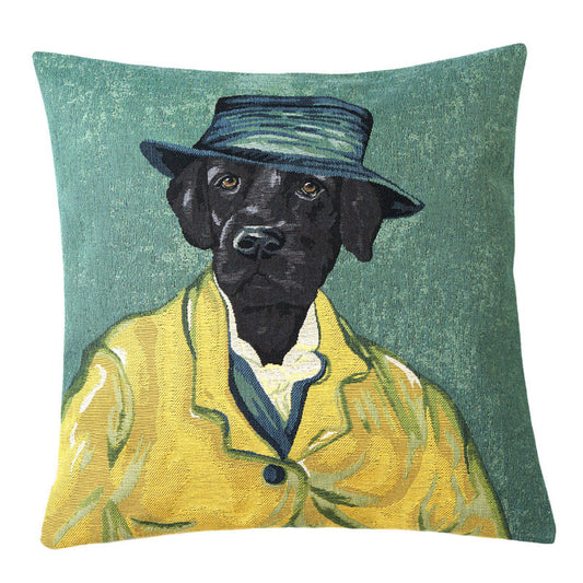 Gobelin Kissen Hund in gelber Jacke