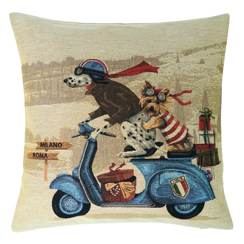 Gobelin Kissen Zwei Hunde auf blauem Scooter