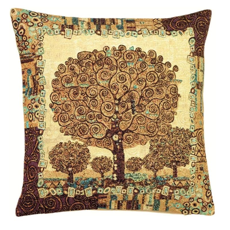 Gobelin Kissenhülle mit Lebensbaum und Bordüre, 45x45 cm, belgische Qualität mit Goldfäden.