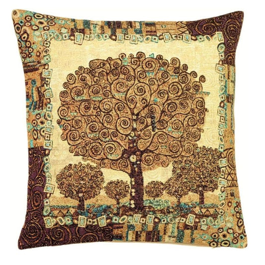 Gobelin Kissenhülle mit Lebensbaum und Bordüre, 45x45 cm, belgische Qualität mit Goldfäden.