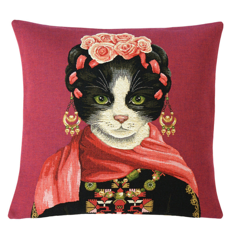 Gobelin Kissenhülle Katze mit Blumenkrone – Weinrot 45x45