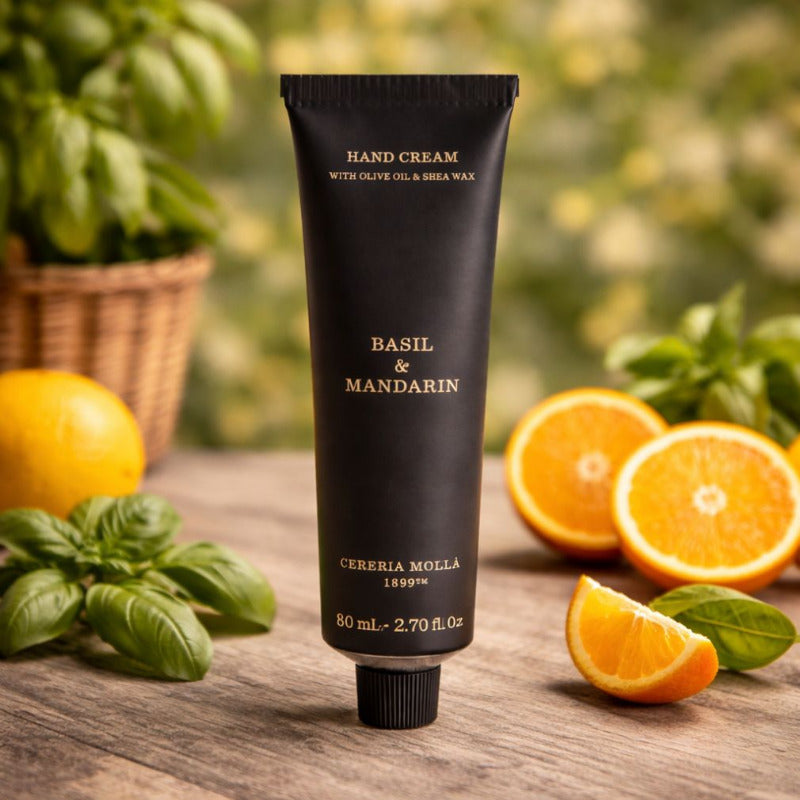 Handcreme Tube mit Mandarinen und Basilikum