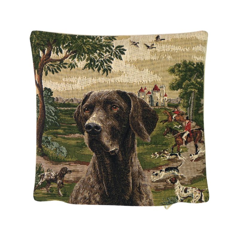 Kissen mit Hund vor einem Schloss und Reiter