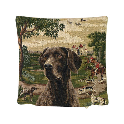 Kissen mit Hund vor einem Schloss und Reiter
