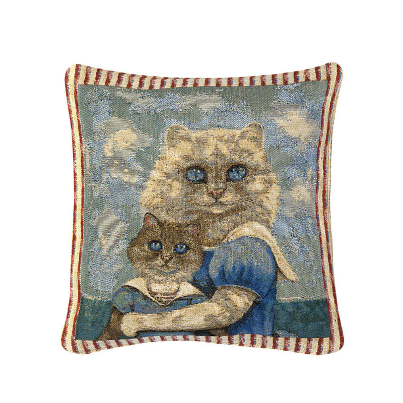 Maritime Gobelin Kissenhülle mit Katze und Kätzchen im Matrosenanzug. 33x33 cm, Belgien.