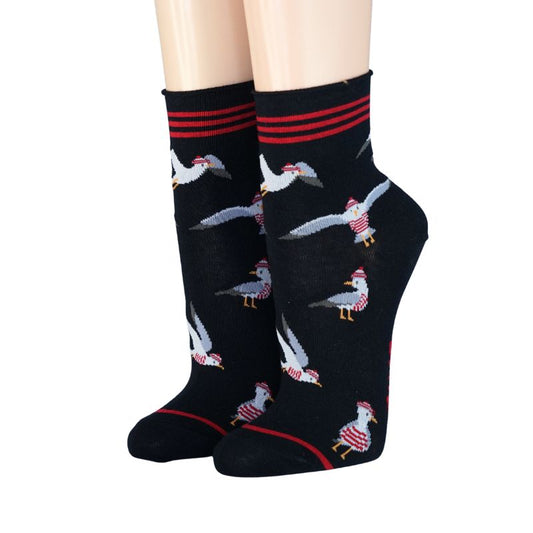 Socke mit Rollrand Möwen mit Mützen schwarz