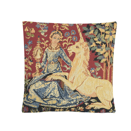 Gobelin Kissenhülle „The View“ aus „Die Dame und das Einhorn“. 33x33 cm, Belgien.