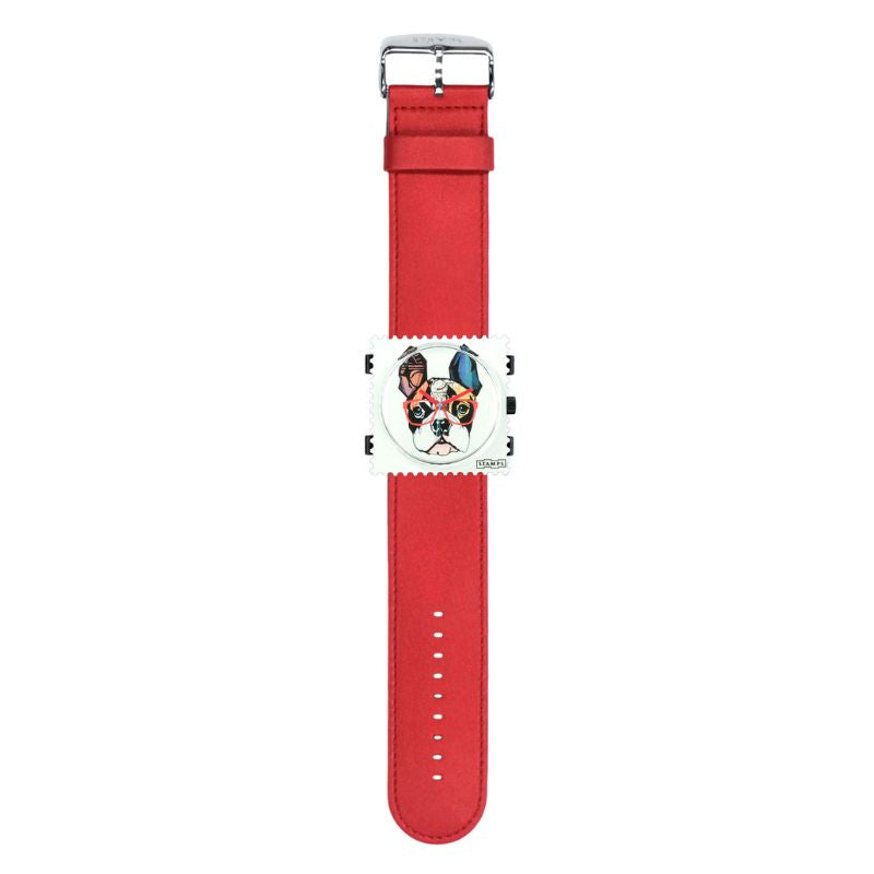 STAMPS komplette Uhr Zifferblatt  Hund mit Brille auf Armband rot