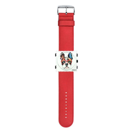 STAMPS komplette Uhr Zifferblatt  Hund mit Brille auf Armband rot