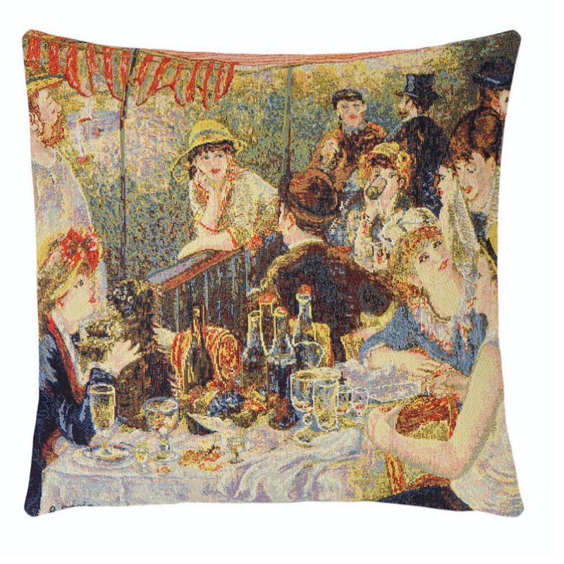 Gobelin-Kissenhülle mit Renoirs „Frühstück der Ruderer“. Hochwertig gewebt, Rückseite Samt beige, 45×45 cm.
