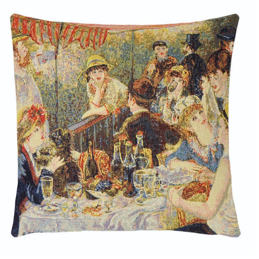 Gobelin-Kissenhülle mit Renoirs „Frühstück der Ruderer“. Hochwertig gewebt, Rückseite Samt beige, 45×45 cm.