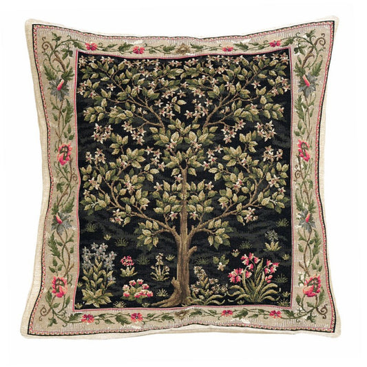 Tree of Life Kissenhülle schwarz mit beiger Bordüre – Gobelin