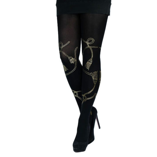 schwarze Strumpfhose mit goldenen Kordeln und Quasten