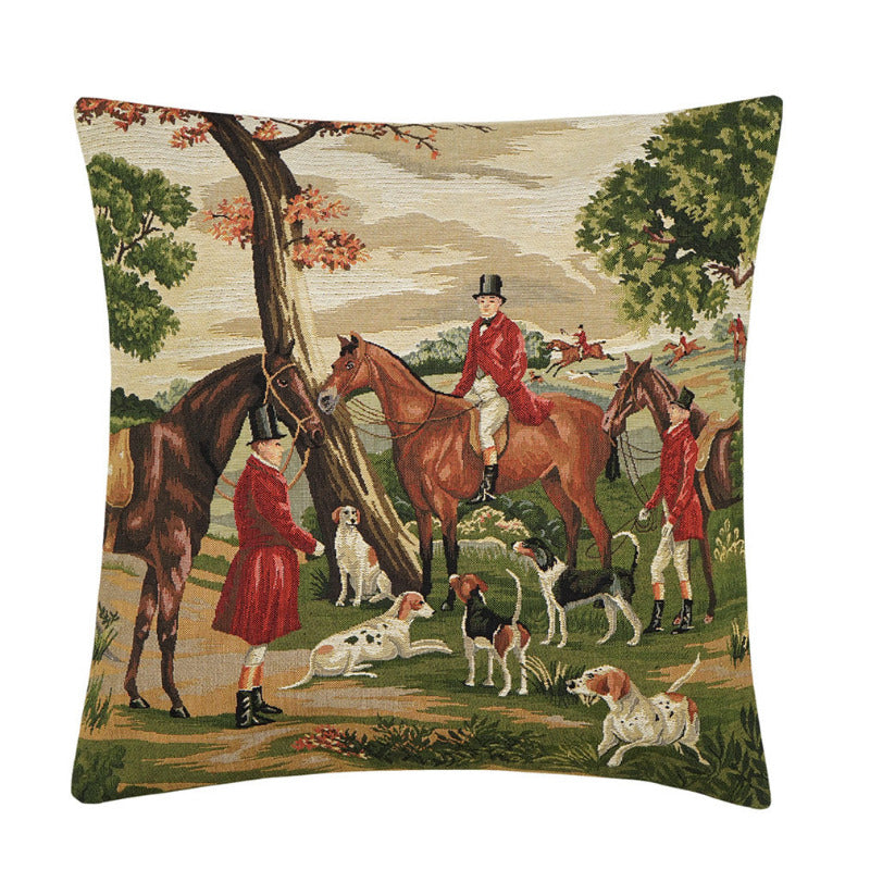 Gobelin Kissenhülle – Reiter in roter Jagduniform & Jagdhunde – 45x45