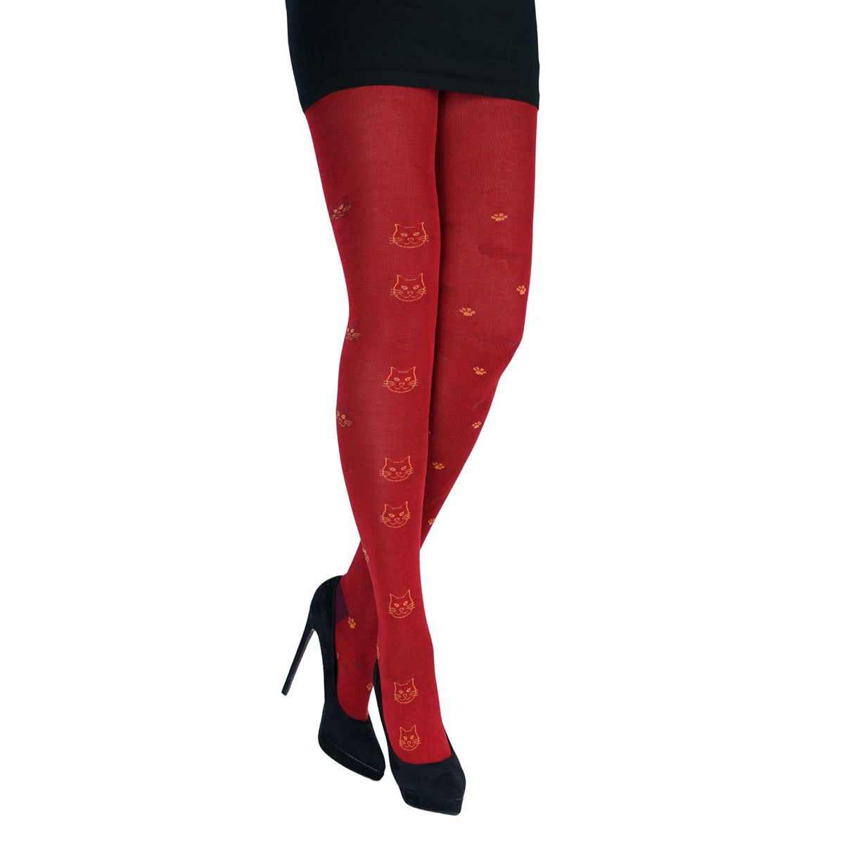 rote Strumpfhose mit Katzenkopfen