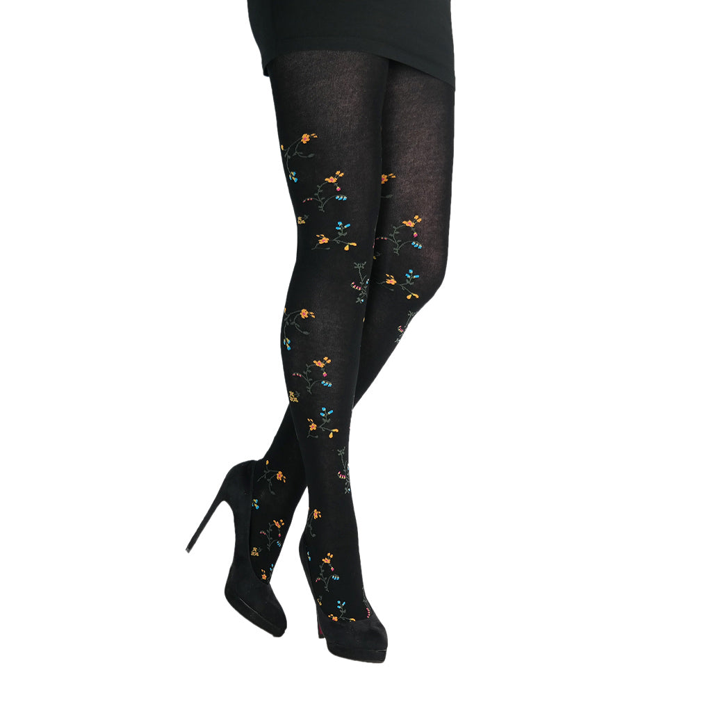 schwarze Strickstrumpfhose mit Streublumen von Crönert