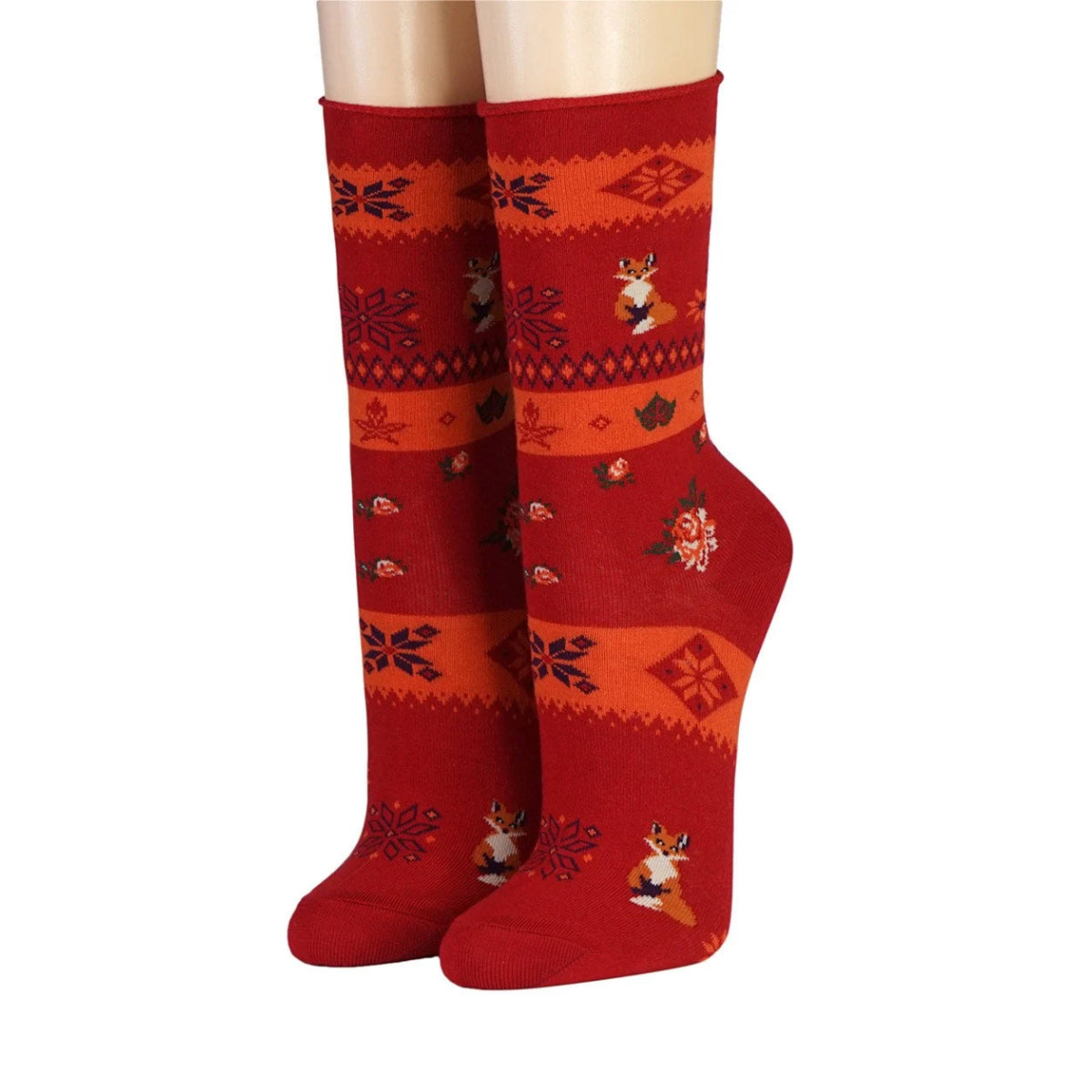 CRÖNERT Socken mit Rollrand Fuchs im Blumenbeet rot