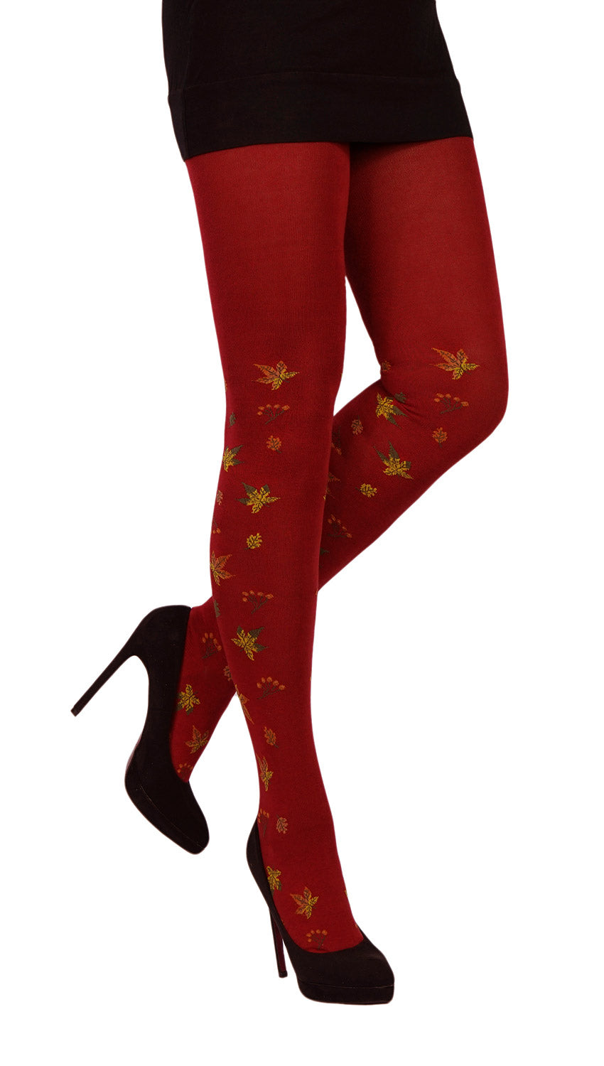 weinrote Strickstrumpfhose mit Blättern