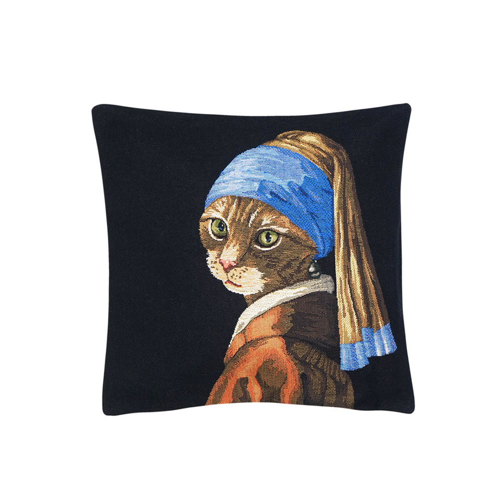 Kissenhülle Gobelin 33 x 33 Motiv Katze mit Perlenohrring
