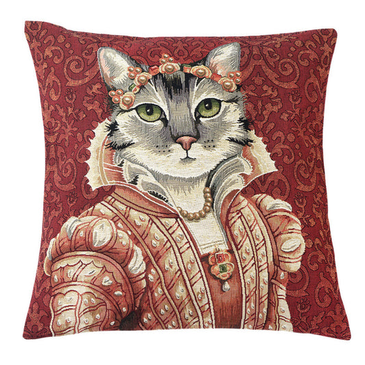 Gobelin Kissenhülle Katze mit Diadem – Weinrot, 45×45 cm