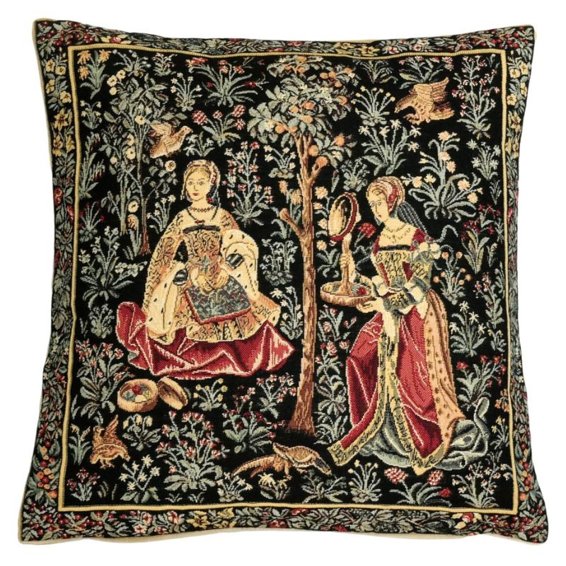 Gobelin Kissenhülle „Das Sticken“ – Millefleurs, 45×45 cm, Belgien