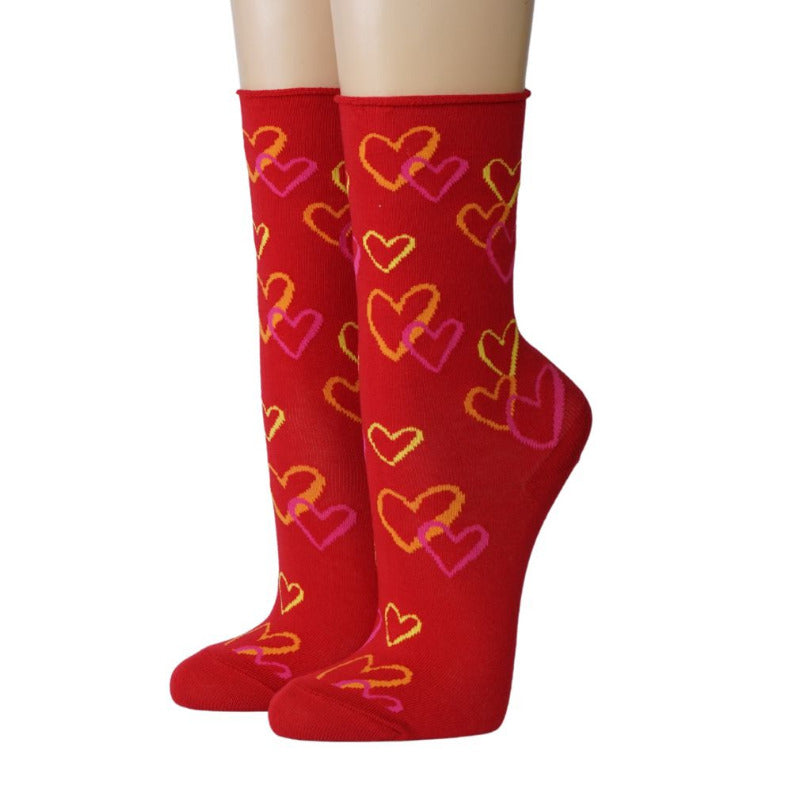 Socken mit Rollrand Herzen auf rot
