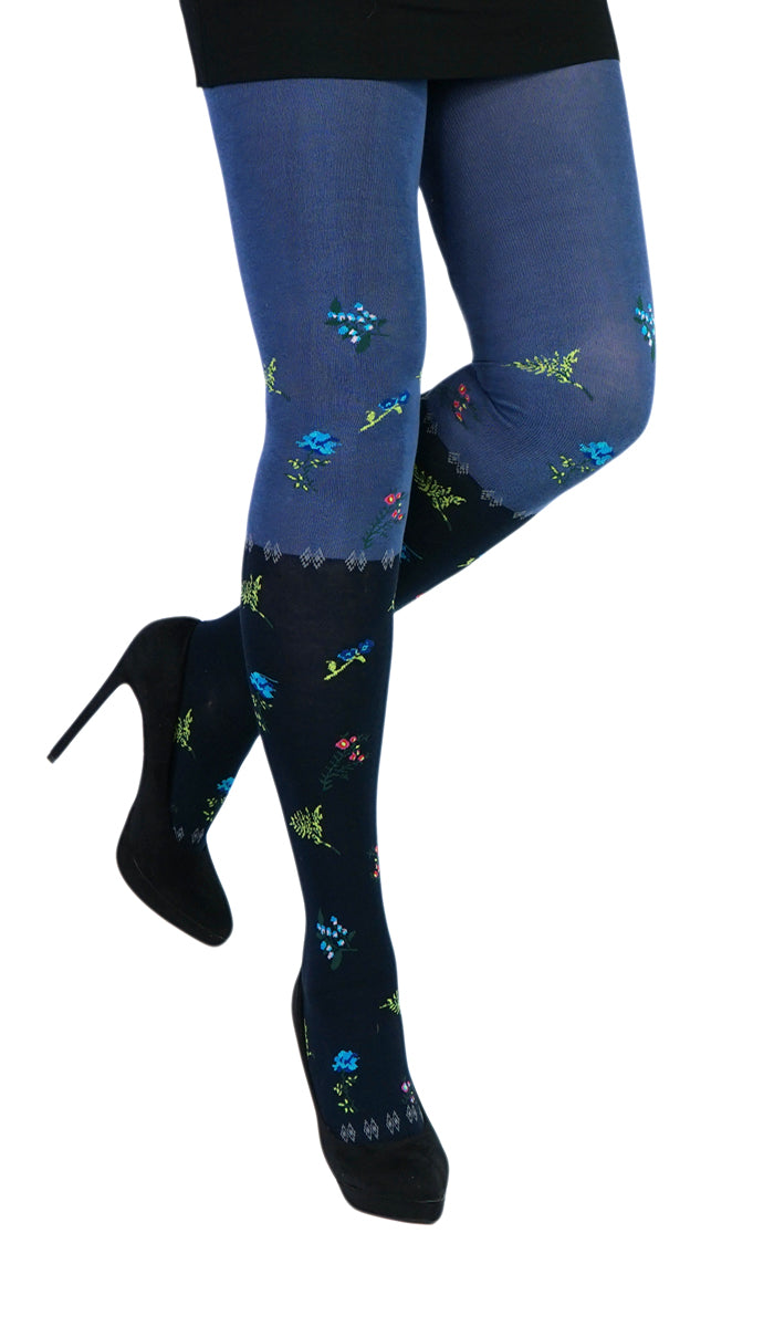gemusterte Strumpfhose Crönert blau mit Rosen