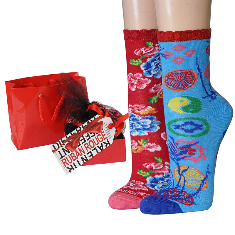 Ruban Rouge 2 Paar Socken Yin Yang and Flowers 36-41