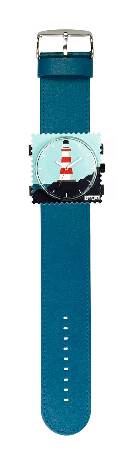 blaue Uhr mit Leuchtturm Stamps