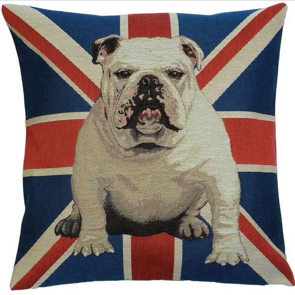Gobelinkissen mit Bulldogge vor Union Jack; das Kissen zum Brexit