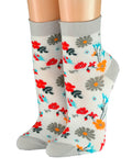 weiße Kurzsocken mit grauem  Rollrand Motiv Blumenwiese Crönert