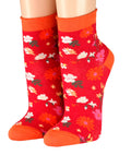rote Kurzsocken mit orangem Rollrand Motiv Blumenwiese Crönert