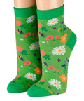 grüne Kurzsocken mit  Rollrand Motiv Blumenwiese Crönert