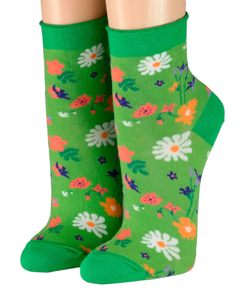 grüne Kurzsocken mit  Rollrand Motiv Blumenwiese Crönert