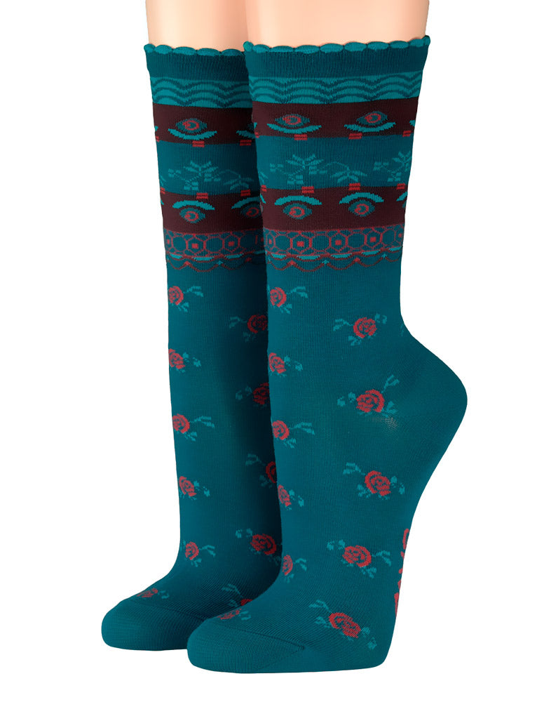 Damensocken Petrol Rosen Ornamente