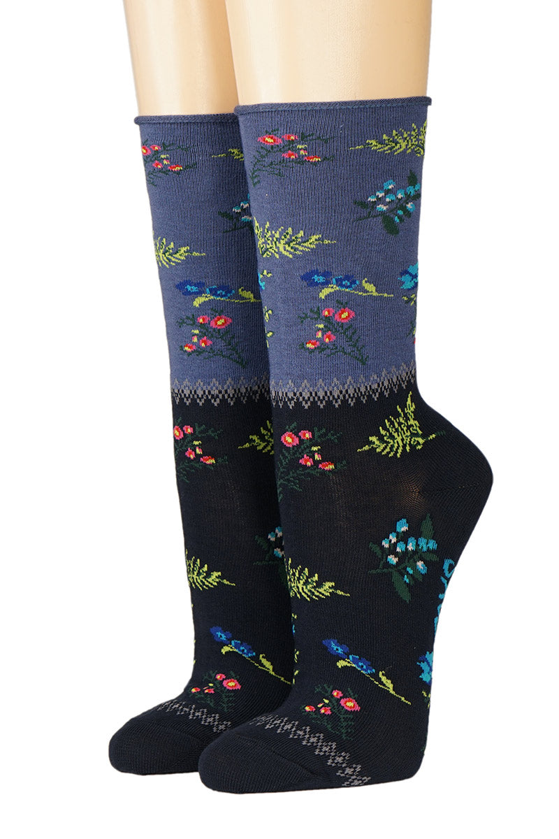 Damensocken blau -marine mit kleinen Blüten