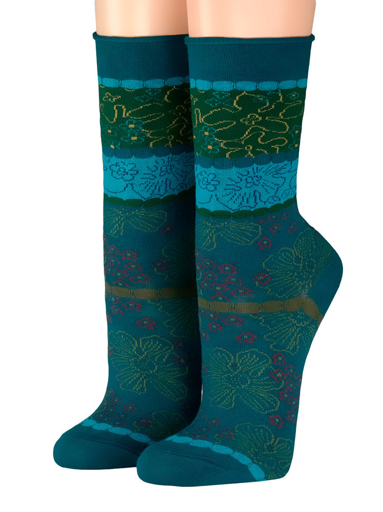 Damensocken Petrol Blüten